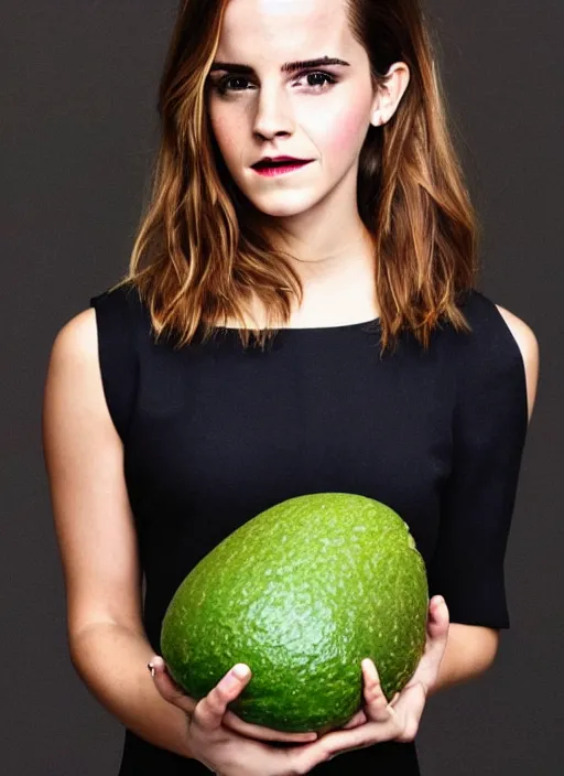 Image similar to emma watson as an avocado, high quality photography