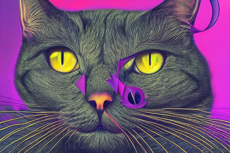 Image similar to portrait of surreal cat with 3rd eye, dmt, trippy, highly detailed, photorealistic, reflections, smooth, sharp focus, concept art, illustration, beautiful, geometric, trending on artstation, cinematic, featured on behance , artwork by WLOP and Tran, Ross