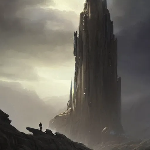 Image similar to star wars concept art by greg rutkowski, a palatial and imposing technological dark tower in the middle of a highland landscape, enigmatic atmosphere, beautiful and cinematic lighting, artstation hq.