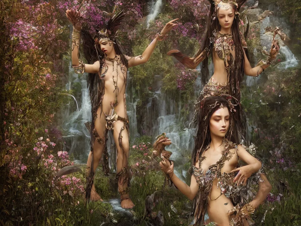 Image similar to a beautiful divine tribal high priestess with feathers and crystals in a lush field of flowers, highly detailed medieval temple with waterfall and deer water nymphs behind her, wide painting by greg rutkowski and hr giger, zbrush, trending on artstation