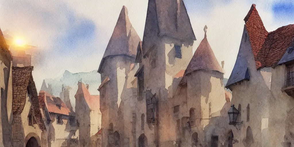 Prompt: medieval town, summer morning light, pale masterpiece watercolor painting, trending on artstation