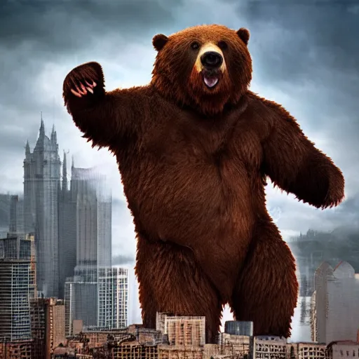 Prompt: a giant angry bear with arms raised attacking the city, photomanipulation, photoshop, digital art