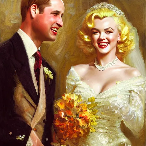 Image similar to detailed painting of prince william marrying attractive marilyn monroe, highly detailed painting by gaston bussiere, craig mullins, j. c. leyendecker 8 k, smiling couple, royal painting