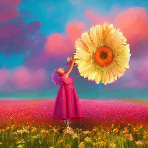 Prompt: giant daisy flower over head, full body girl standing in a flower field, surreal photography, sunrise, dramatic light, impressionist painting, colorful clouds, digital painting, artstation, simon stalenhag