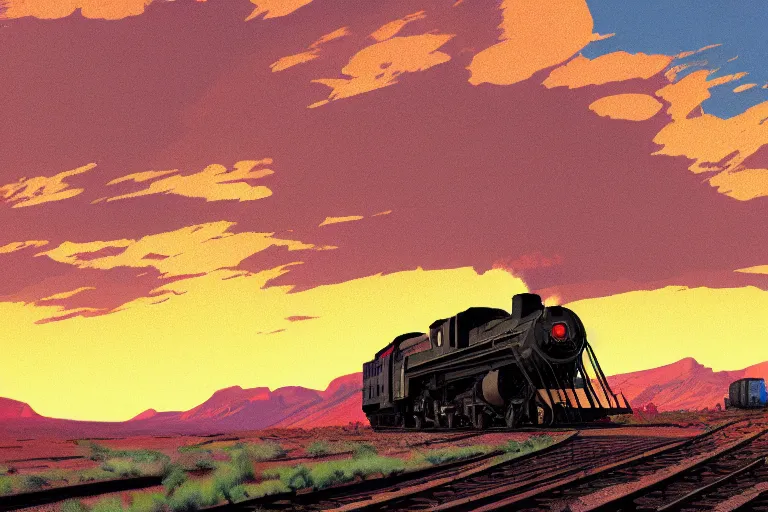 Image similar to idyllic old western freight train illustration by syd mead, artstation, 4 k, graphic novel, concept art, matte painting, steam engine spewing billowy white clouds of steam, beautiful mountain desert sunset background, golden hour