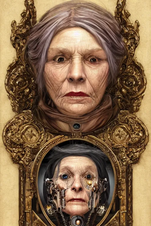 Prompt: portrait, headshot, digital painting, of a old 17th century, old lady cyborg merchant, amber jewels, techno circuit tatoos, baroque, ornate clothing, scifi, futuristic, realistic, hyperdetailed, chiaroscuro, concept art, art by Waterhouse