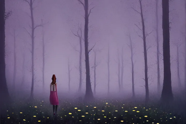 Image similar to giant daisy flowers head, girl walking in dark forest, surreal photography, dark night, stars, moon light, impressionist painting, clouds, digital painting, artstation, simon stalenhag