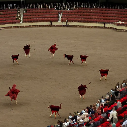 Image similar to evocative by stephanie rew. a installation art of a bullfight in spain. the installation art is set in an arena with spectators in the stands. several figures in the installation art, including a matador & a bull.