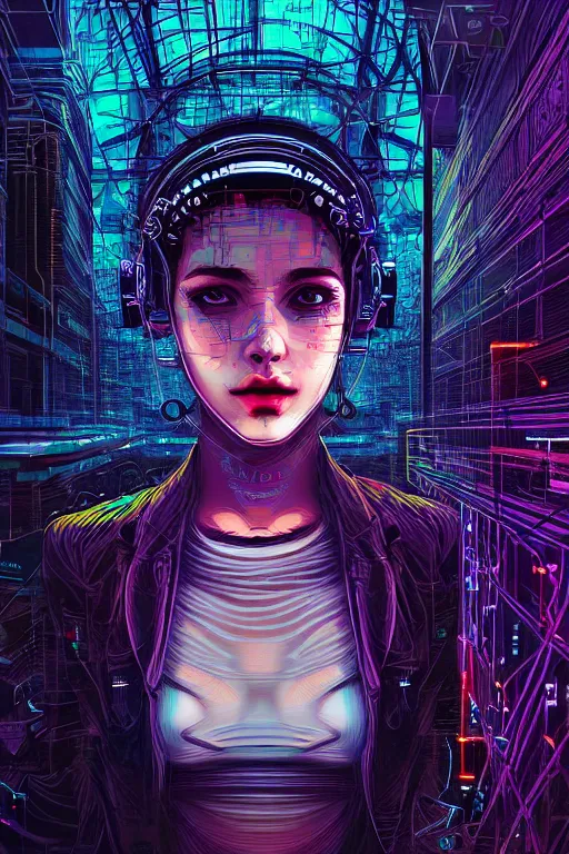 Image similar to dreamy cyberpunk girl, abstract smoke neon, digital nodes, computer network, beautiful woman, detailed acrylic, grunge, intricate complexity, by dan mumford and by alberto giacometti, arthur rackham