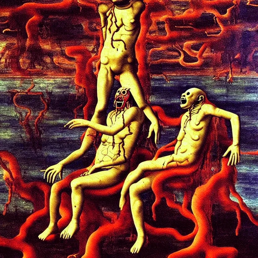 Image similar to a sacred painting of a beautiful flesh - eating timikawa with rainbow fur eating a screaming man, sitting on chair made of human limbs, the chair is floating in a lake of blood, surrounding the lake are melting trees, nightmare scene, supernatural, highly detailed, creepy, terrifying, famous painting by raphael and salvador dali