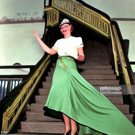 Image similar to a medium full shot, vintage historical fantasy 1 9 3 0 s kodachrome slide german and eastern european mix of a photographic portrait of the queen attending a royal tour. she is shown descending a staircase from a luxurious plane, waving to the crowd below. she is donning a pencil skirt and peplum jacket in a green skirt suit.