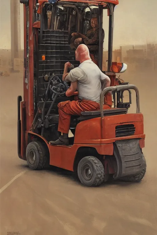 Image similar to a bald man driving a fork lift truck by Frank Frazetta, Ivan Aivakovsky, Boris Vallejo, epic character art, full length, Exquisite detail, post-processing, masterpiece, cinematic, 8k, ultra realistic, hyper detailed