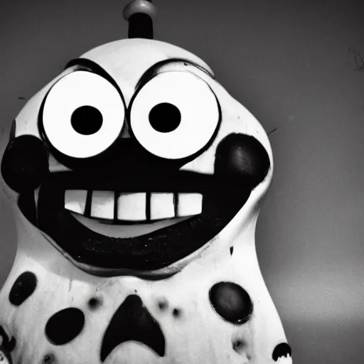 Prompt: creepy cursed black and white grainy spongebob with red eyes