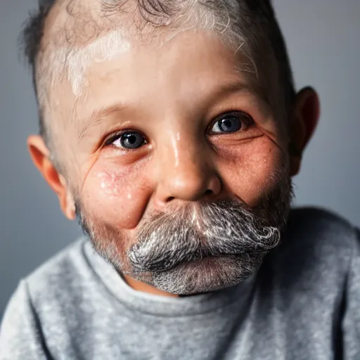 Prompt: a 4 year old boy with old wrinkly skin, wrinkly forehead, looking old, facial hair, natural beard, natural mustache, old skin, lots of wrinkles, age marks, old gray hair, very old, young kid, 4 years old, very young, portrait photo, head shot