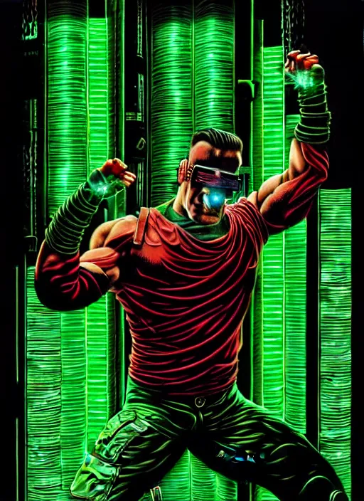 Prompt: Cyberpunk Jean-Claude Van Damme | Cyborg in Green Red surrounded by cables | 19th century wood-engraving , whole page illustration , rule of third, art in the style of greg rutkowski and thomas kinkade and Larry Elmore