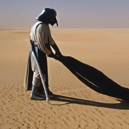 Image similar to darth vader vacuuming the sand in tatooine