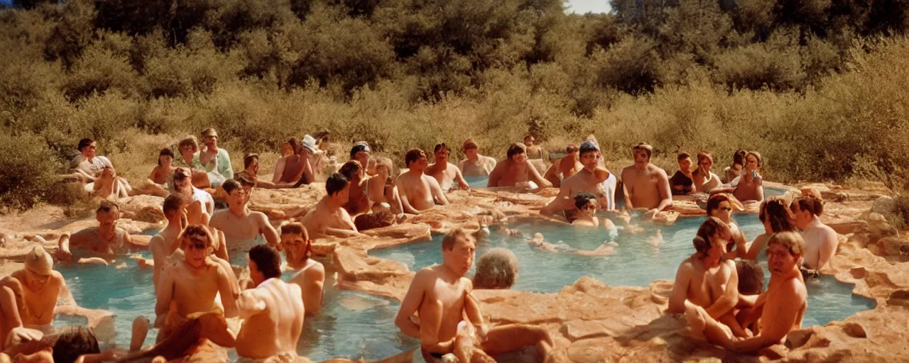 Image similar to people taking a natural hot springs of spaghettios desert evening, kodachrome, in the style of wes anderson