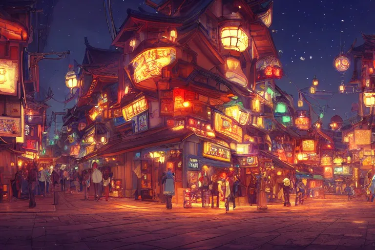 Image similar to fantasy art of a japan town at night, with glowing giant goldfish swimming in the air, by makoto shinkai, highly detailed digital art, trending on artstation