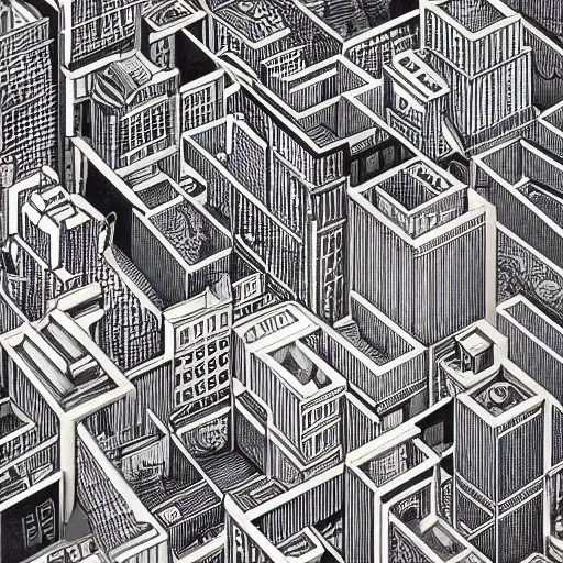 Image similar to Brooklyn skyline painting by MC Escher, realistic, abstract, ambient lighting, atmospherical, stunning visuals, creative, cinematic, ultra detailed, trending on art station, axonometric display