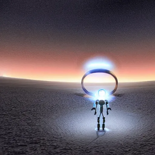 Image similar to humanoid robot in an ice desert at night with a planet with rings in the background, extremely detailed, hopeful, digital art