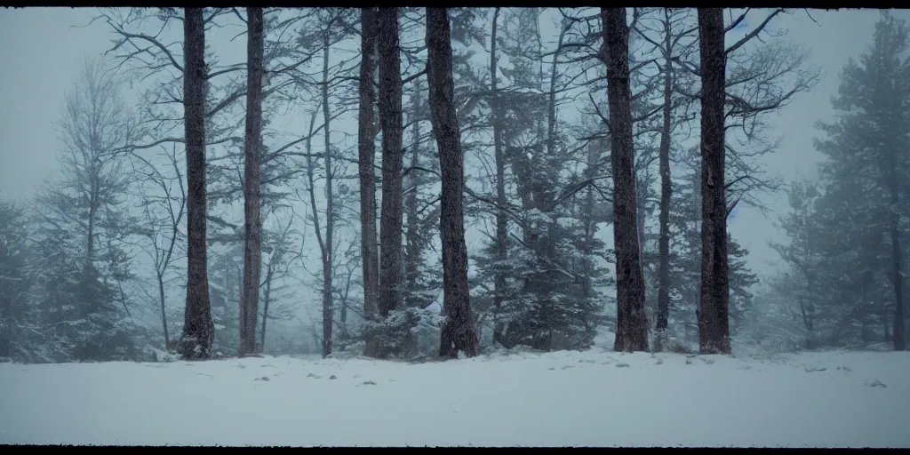 Prompt: photo, bigfoot faintly appears in the distance, barely able to be seen. cold color temperature, snow storm. hazy atmosphere. humidity haze. kodak ektachrome, greenish expired film, award winning, low contrast