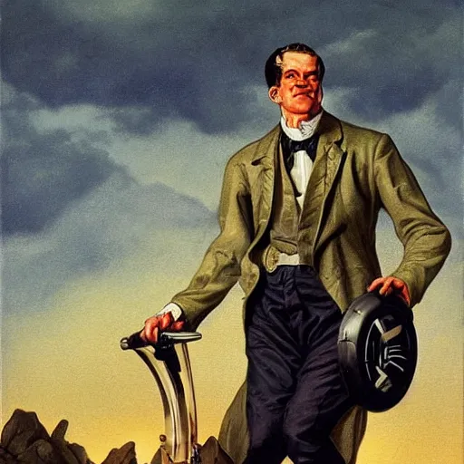 Image similar to frankenstein on a segway chasing crows, painting by by jc leyendecker