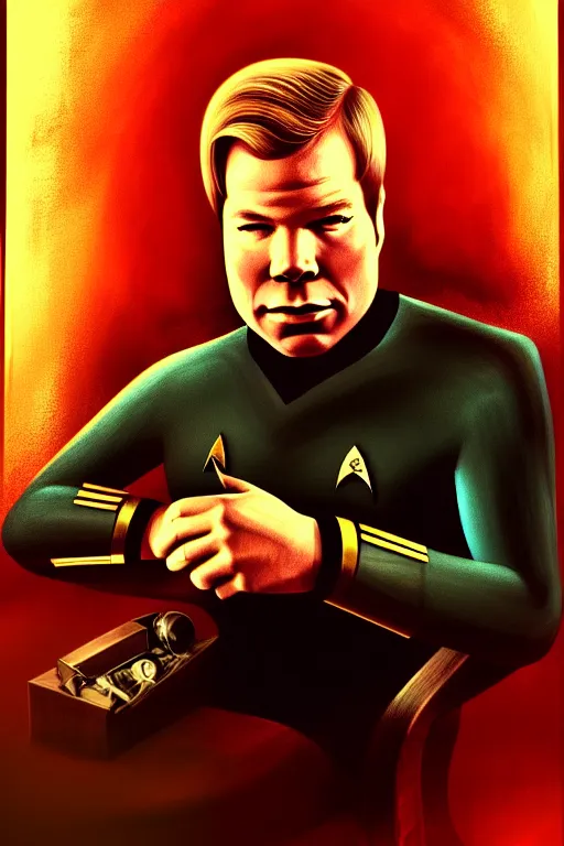 Image similar to a portrait of young william shatner as captain kirk sitting in the captains chair, dark, gothic, sci - fi, portrait, figurativism, muted colors, digital painting in the style of bastien lecouffe - deharme, trending on artstation, detailed