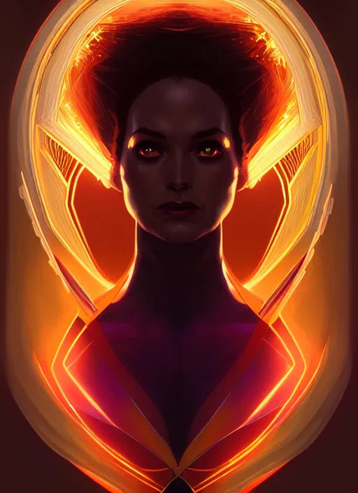 Image similar to symmetry portrait of the dark phoenix from x - men, glowing lights, intricate, elegant, highly detailed, digital painting, artstation, concept art, smooth, sharp focus, illustration, art by artgerm and greg rutkowski and alphonse mucha