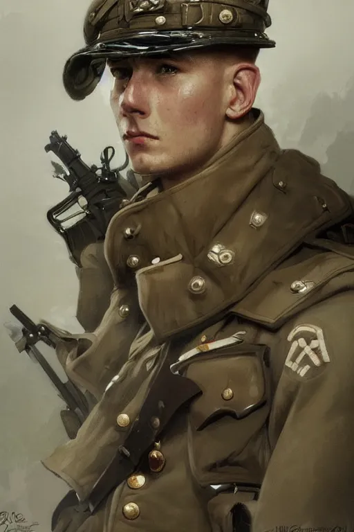 Image similar to A full portrait of a german world war two soldier, intricate, elegant, highly detailed, digital painting, artstation, concept art, smooth, sharp focus, illustration, art by Krenz Cushart and Artem Demura and alphonse mucha