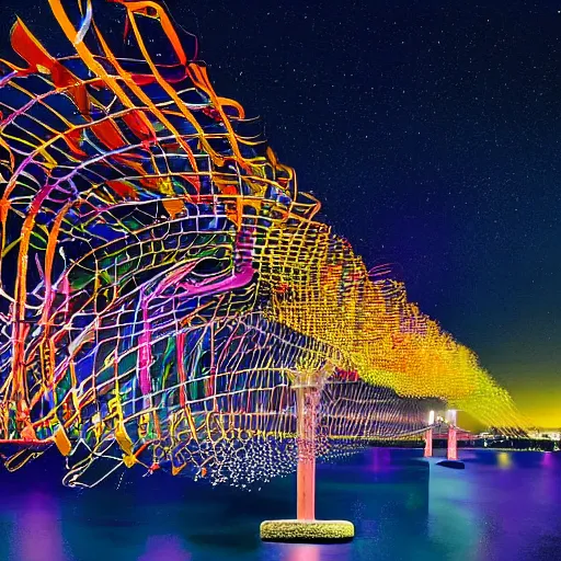 Prompt: vivid, robust by skottie young, by elena paraskeva. a kinetic sculpture of a group of flying islands, each with its own unique landscape, floating in the night sky. the islands are connected by a network of bridges. a small group of people can be seen walking along one of the bridges.