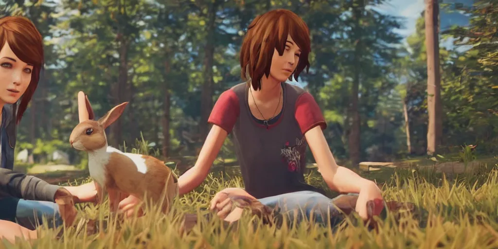 Prompt: max caulfield petting a rabbit in the video game life is strange, screenshot