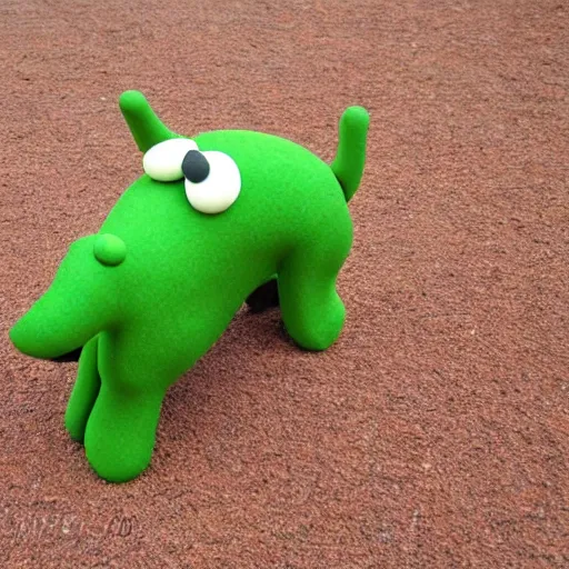 Image similar to funny strange dog made out of clay on a green carpet, Nikon Coolpix 5200