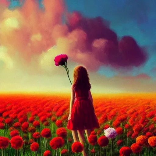 Image similar to head made of carnations, girl standing in a vast flower field, holding flowers, surreal photography, sunrise dramatic light, impressionist painting, colorful clouds, large sky, digital painting, artstation, simon stalenhag, flower face