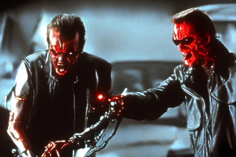 Image similar to Jack Nicholson plays Terminator, his one yes glow red, scene where his endoskeleton is exposed, still from the film