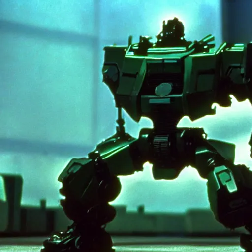 Prompt: metal gear mech, 1 9 8 7, movie still, wide shot, detailed, mechanical, dark green, dramatic lighting, 3 5 mm, film grain