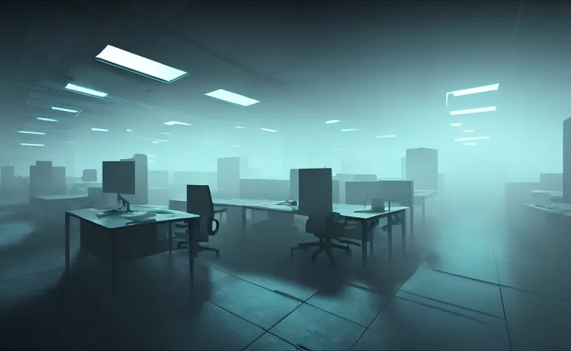 Image similar to office, horror scene, fluorescent lighting, eerie volumetric lighting, futuristic atmosphere, intricate, detailed, photorealistic imagery, artstation