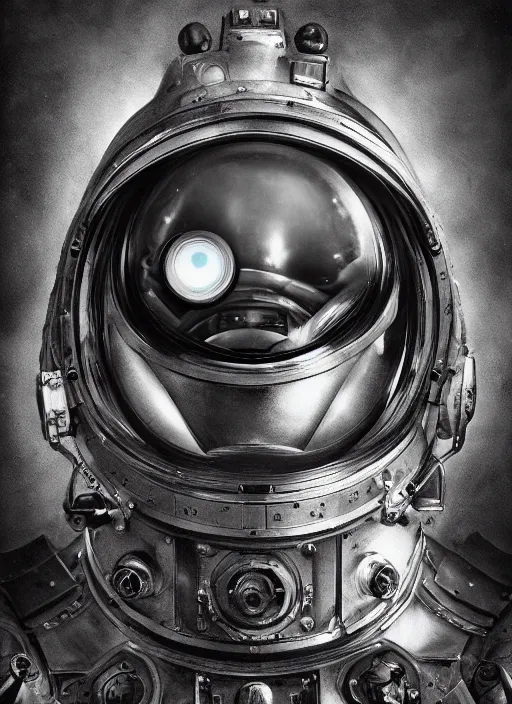 Image similar to old wetplate daguerreotype portrait of a futuristic silver armored space astronaut cyborg, fractal, intricate, elegant, highly detailed, parallax, leica, medium format, subsurface scattering, by jheronimus bosch and greg rutkowski and louis jacques mande daguerre