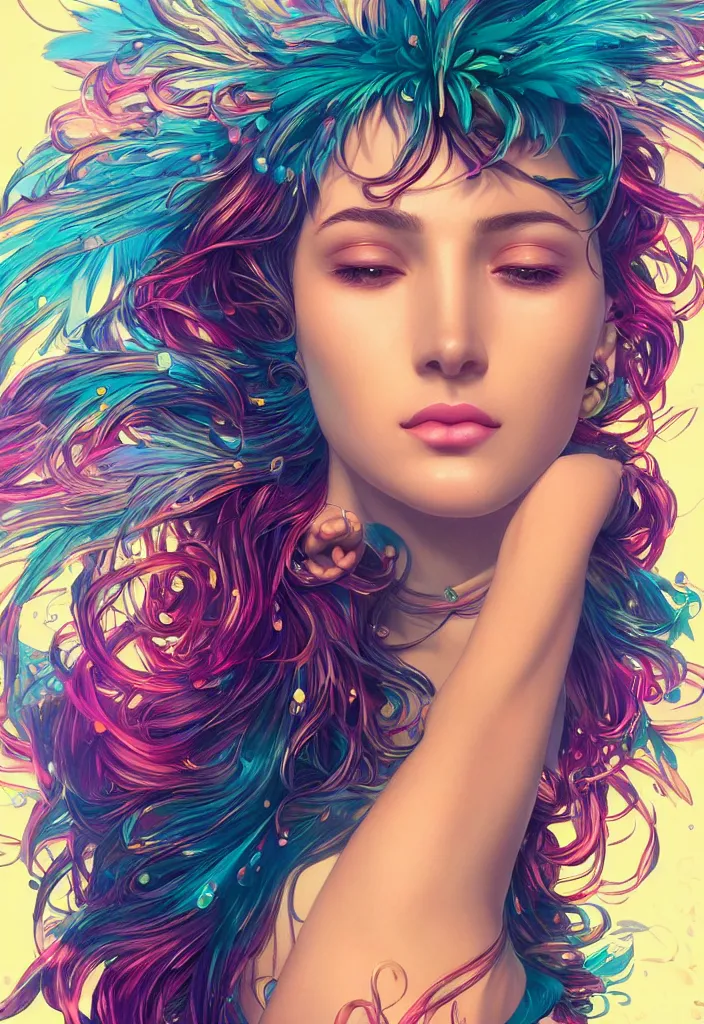 Image similar to beautiful, young woman, detailed gorgeous face, vaporwave aesthetic, synthwave, colorful, psychedelic, crown, water drops and feathers, artstation, concept art, smooth, extremely sharp detail, finely tuned detail, ultra high definition, 8 k, unreal engine 5, ultra sharp focus, illustration, art by artgerm and greg rutkowski and alphonse mucha