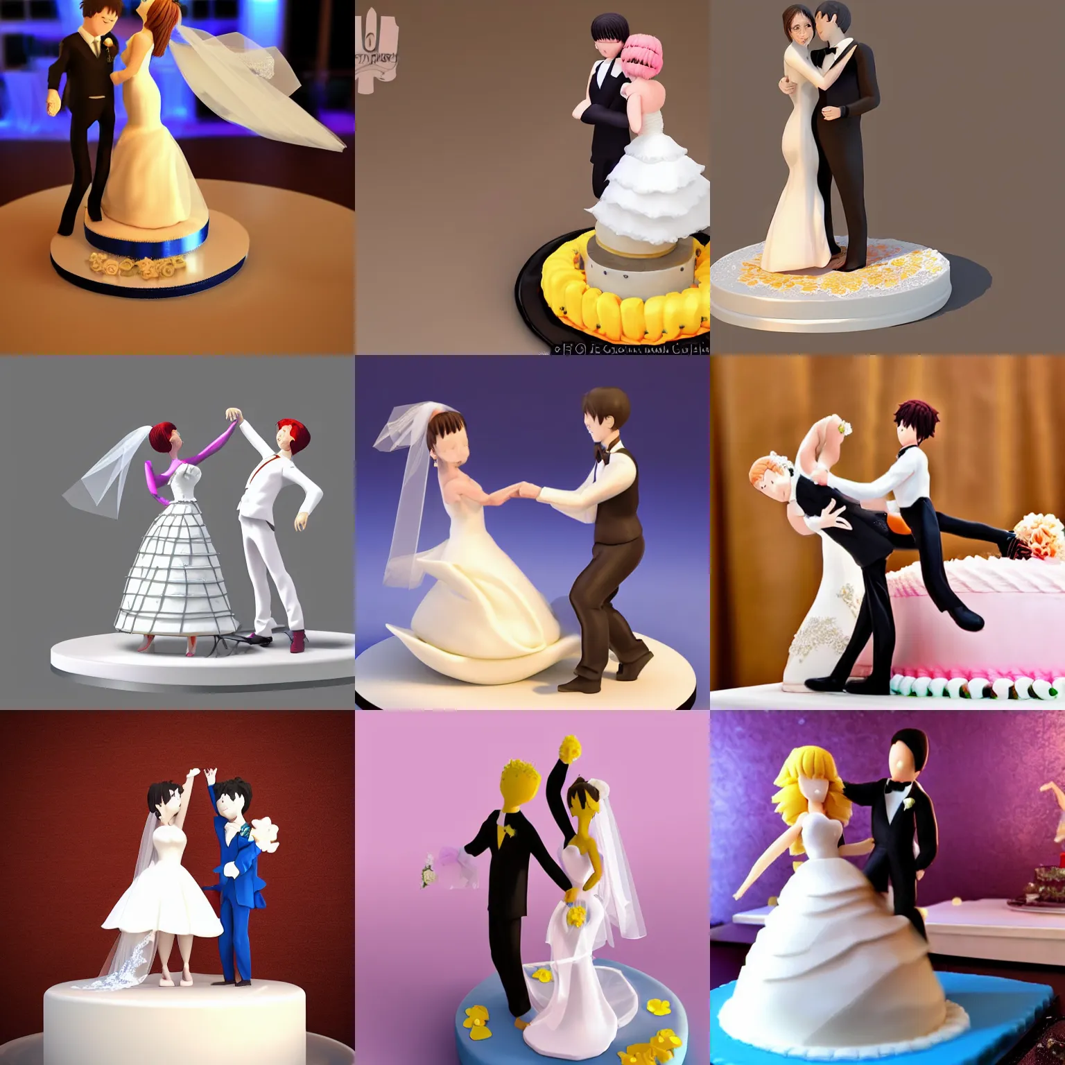 Prompt: a bride and groom dancing on a cake, 3 d anime art