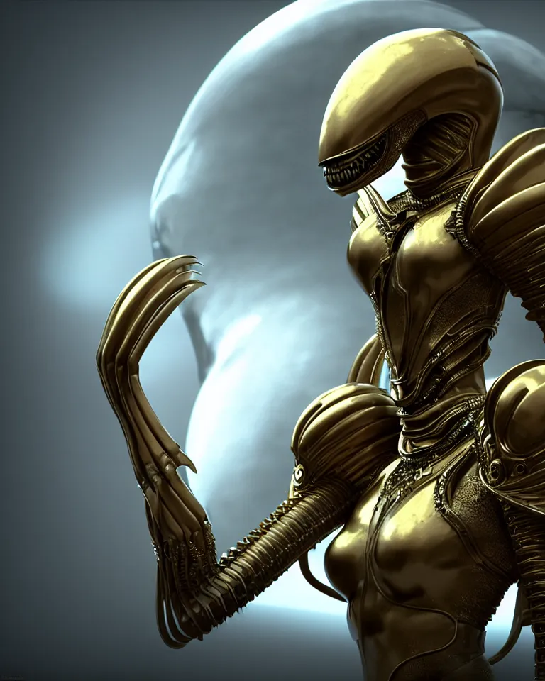 Image similar to epic portrait of alien queen in ring armour by cleavanger and elvgren epic octane vfx maya render