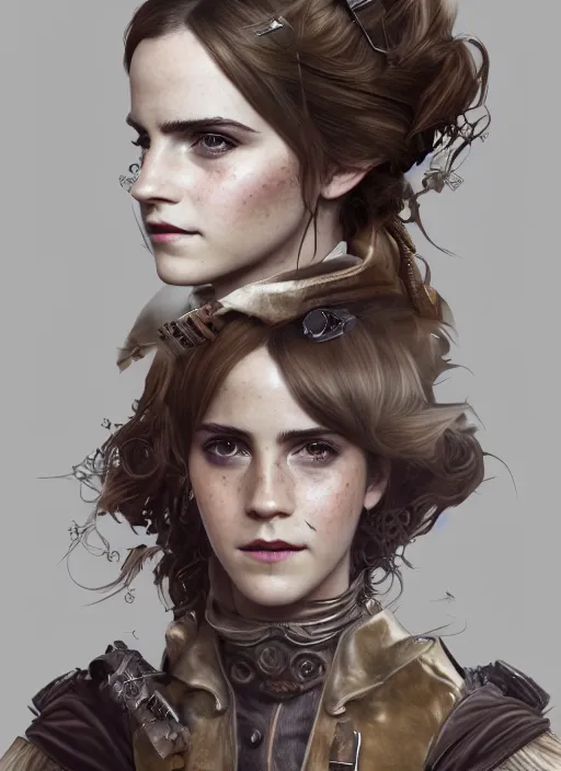 Image similar to steampunk portrait of emma watson, au naturel, hyper detailed, digital art, trending in artstation, cinematic lighting, studio quality, smooth render, unreal engine 5 rendered, octane rendered, art style by klimt and nixeu and ian sprigger and wlop and krenz cushart.