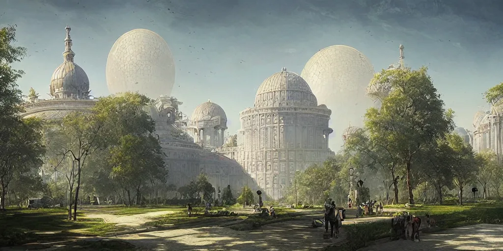 Image similar to a solarpunk city and park with a glorious domed building at its centre, Greg Rutkowski and Ivan Shishkin