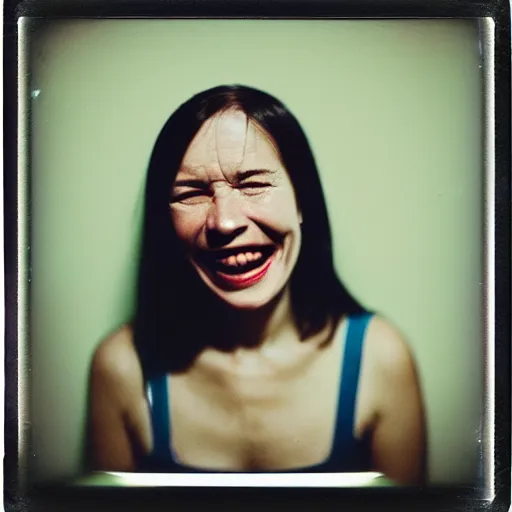 Image similar to portrait of a smiling woman with too many teeth. hundreds of teeth. hq photo, surreal, harsh lighting. polaroid type 6 0 0. fear. unnerving. menacing. supernatural