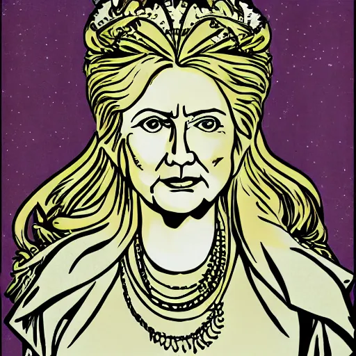 Prompt: hillary clinton is the goddess hera, she is angry, scowling, standing on a thunderhead,