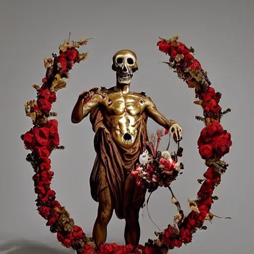 Image similar to a man in the form of a Greek sculpture with a mask in the form of a skull and wreath of flowers skulls in hands dressed in a biomechanical dress, red white and gold color scheme, baroque, by Michelangelo