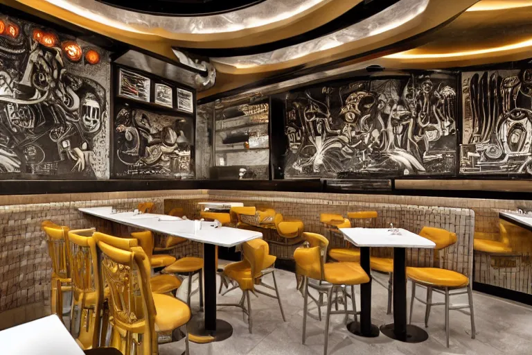 Image similar to a fast food restaurant interior inspired by HR Giger