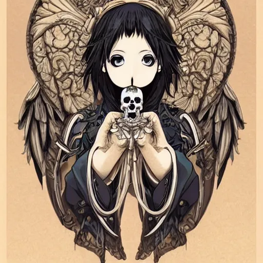 Image similar to anime manga skull portrait young woman, cherub, angel, wings, heaven, skeleton, intricate, elegant, highly detailed, digital art, ffffound, art by JC Leyendecker and sachin teng