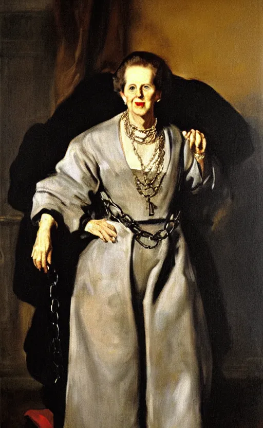 Image similar to an oil portrait of margaret thatcher in ceremonial robe keeping chained distressed servals at her feet, high quality, artstation, higly detailed, art by velaquez rubens and francisco goya, dark lighting