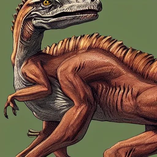 Image similar to a photo of a velociraptor and a horse holding hands, realistic