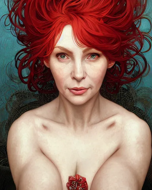 Prompt: portrait of short and plump 5 0 - year - old woman with red hair and a kind face, hyper realistic face, beautiful eyes, close up, fantasy art, in the style of greg rutkowski, intricate, alphonse mucha, hyper detailed, smooth